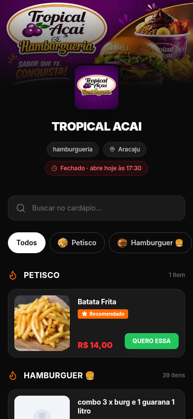 Tela real do cardápio Tropical Açaí criado no wZapFlow